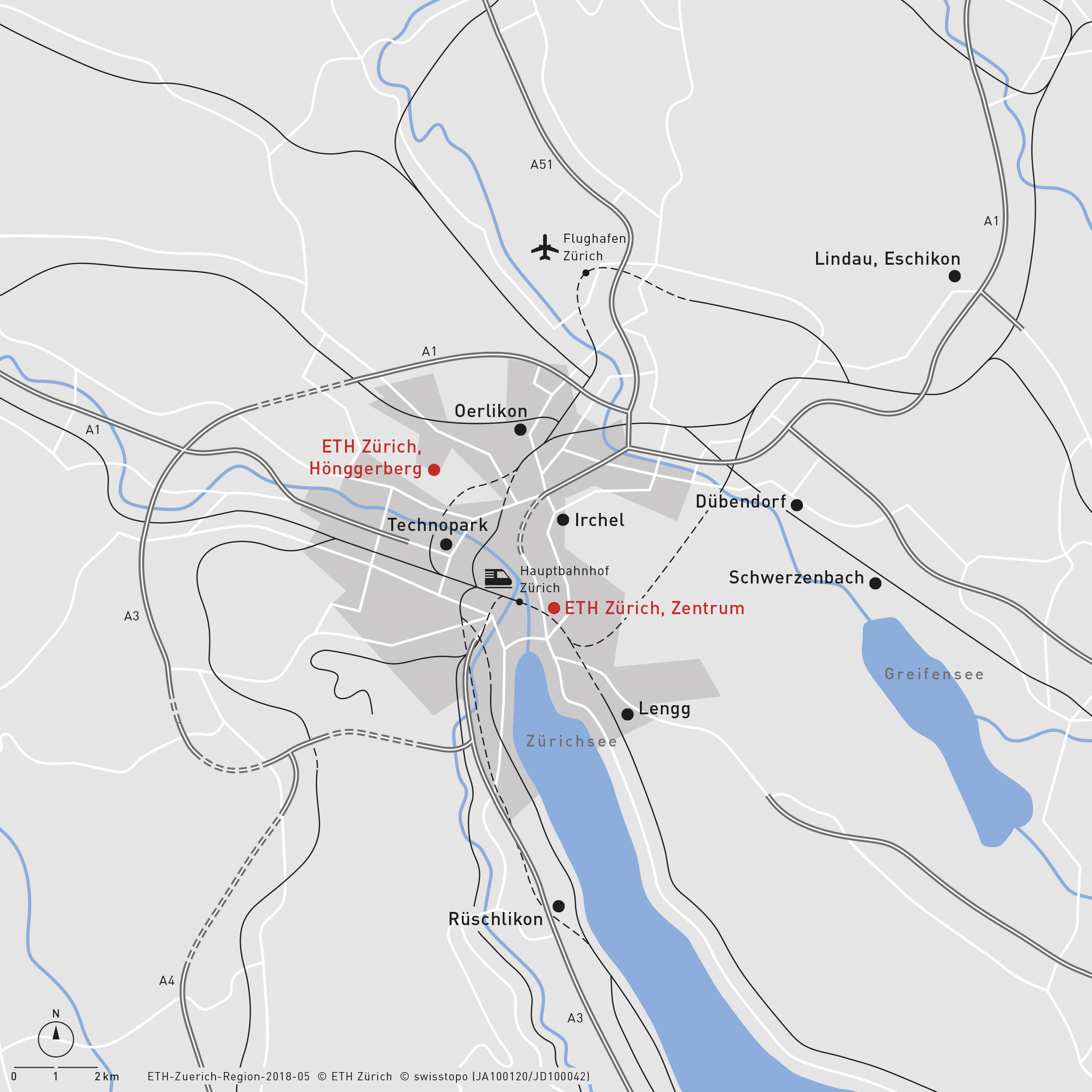 Vergr?sserte Ansicht: Die ETH Zürich hat ihren Hauptstandort in Zürich, wo sie einen Ӣ auf dem Hönggerberg und einen Ӣ im Zentrum betreibt. Ergänzt wird der Hauptstandort durch strategisch gewählte «Aussenstandorte» (Karte: ETH Zürich)